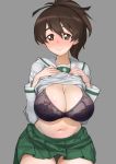  areolae black_panties black_ribbon bra breasts brown_eyes brown_hair commentary_request cross girls_und_panzer green_skirt hair_ribbon hands_on_own_chest highres huge_breasts koyama_yuzu lace lace_bra long_sleeves looking_at_viewer messy_hair miniskirt navel onsen_tamago_(hs_egg) ooarai_school_uniform panties pleated_skirt ribbon school_uniform see-through serafuku shirt_lift shirt_rolled_up short_hair short_ponytail simple_background single_stripe sitting skirt smile solo stomach underwear 