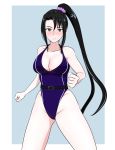  bare_shoulders black_hair blue_background blush border breasts brown_eyes cleavage commentary_request eyebrows_visible_through_hair groin hair_between_eyes highres kantai_collection large_breasts long_hair long_ponytail nachi_(kantai_collection) osage_gankyou outside_border swimsuit thighs white_border 