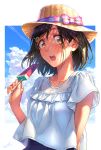  black_hair cloud cloudy_sky dated day flower food hair_flower hair_ornament hairclip hat highres open_mouth original popsicle short_hair signature sky solo straw_hat summer sun_hat watermelon_bar wedo yellow_eyes 