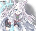  animal_ears aty_(summon_night) belt blue_eyes breasts commentary dress link_(aa30) long_hair ribbed_dress ribbed_sweater solo spiked_hair summon_night summon_night_3 sweater thighhighs white_hair 
