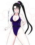  bare_shoulders black_hair blue_background blush border breasts brown_eyes cleavage eyebrows_visible_through_hair groin hair_between_eyes highres kantai_collection large_breasts long_hair long_ponytail nachi_(kantai_collection) osage_gankyou outside_border swimsuit thighs translation_request white_border 