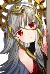  commentary_request crown detached_sleeves eyebrows_visible_through_hair fire_emblem fire_emblem_heroes hair_ornament highres long_hair peeking_out red_eyes ringozaka_mariko simple_background solo veronica_(fire_emblem) white_background white_hair 