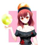  bare_shoulders breasts chain choker clothes_writing commentary_request crop_top eyebrows_visible_through_hair hecatia_lapislazuli large_breasts medium_hair moon_(ornament) off-shoulder_shirt polos_crown red_eyes red_hair shirt smile touhou translation_request usuusu 