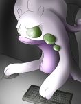  ambiguous_gender anthro chair desk furniture generation_6_pokemon goodra goozy green_eyes hi_res keyboard multicolored_body multicolored_skin nintendo pixeloutlaw pokemon pokemon_(species) purple_body purple_skin solo table two_tone_body two_tone_skin white_body white_skin 