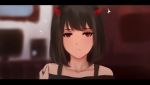  1girl bangs bare_shoulders black_hair blurry blurry_background closed_mouth collarbone demon_girl eyebrows_visible_through_hair face frame hand_on_shoulder horns indoors looking_at_viewer original red_eyes red_horns red_sweater shimmer short_hair solo_focus sweater yuri 
