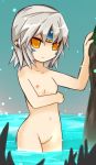  closed_mouth collarbone elsword eve_(elsword) facial_mark looking_at_viewer morumoru00 navel nipples nude outdoors partially_submerged short_hair silver_hair water yellow_eyes 