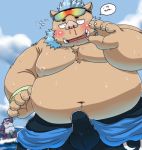  belly blood blush boar bulge clothed clothing erection eyewear gouryou hi_res japanese_text ld_8000 male male_focus mammal mohawk multi_penis musclegut nosebleed overweight penis porcine sea speedo sunglasses swimsuit tenting text tight_clothing tokyo_afterschool_summoners topless tusks typhon water wetsuit 