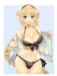  :d ass_visible_through_thighs bangs bare_shoulders bikini black_bikini blonde_hair blue_background blue_eyes blush border braid breasts cleavage collarbone commentary_request fate/grand_order fate_(series) grey_jacket hairband hips jacket jeanne_d'arc_(fate)_(all) jeanne_d'arc_(swimsuit_archer) large_breasts long_hair looking_at_viewer navel off_shoulder open_clothes open_jacket open_mouth simple_background smile solo swimsuit teddy_(khanshin) thighs very_long_hair white_border 