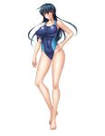  1girl bangs bare_legs bare_shoulders barefoot blue_hair breasts covered_navel curvy erect_nipples female fingernails full_body green_eyes highres holding holding_sword holding_weapon igawa_asagi kagami_hirotaka large_breasts lilith-soft long_hair looking_at_viewer one-piece_swimsuit parted_lips reverse_grip shiny shiny_clothes shiny_skin simple_background solo swimsuit sword taimanin_(series) taimanin_asagi taimanin_asagi_zero thighs weapon white_background 
