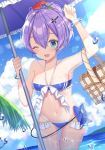  aqua_eyes armpits azur_lane bare_shoulders bikini blush bracelet breasts collarbone commentary_request hair_between_eyes hair_ornament high_ponytail highres izumo_neru javelin_(azur_lane) jewelry looking_at_viewer navel one_eye_closed open_mouth parasol ponytail purple_hair see-through solo swimsuit umbrella wet 