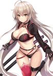  ahoge bangs bikini black_bikini black_jacket blush breasts choker cleavage collarbone cropped_jacket eyebrows_visible_through_hair fate/grand_order fate_(series) gloves groin hair_between_eyes harimoji highres holding holding_sword holding_weapon jacket jeanne_d'arc_(alter_swimsuit_berserker) jeanne_d'arc_(fate)_(all) katana large_breasts long_hair looking_at_viewer messy_hair multiple_swords navel o-ring o-ring_bikini parted_lips red_legwear sheath shrug_(clothing) sidelocks simple_background single_thighhigh smirk solo stomach swimsuit sword thigh_strap thighhighs very_long_hair weapon white_background yellow_eyes 