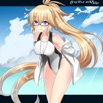  bangs bare_shoulders black-framed_eyewear blonde_hair blue_eyes blue_sky breasts closed_mouth cloud cloudy_sky competition_swimsuit day eyebrows_visible_through_hair fate/grand_order fate_(series) glasses groin hair_between_eyes hebitsukai-san highres horizon jacket jeanne_d'arc_(fate)_(all) jeanne_d'arc_(swimsuit_archer) large_breasts long_hair md5_mismatch ocean off_shoulder one-piece_swimsuit outdoors sky smile solo swimsuit twitter_username very_long_hair water whistle white_jacket white_swimsuit 