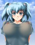  1girl aqua_eyes aqua_hair areolae arms_behind_back breasts cloud large_breasts light_blush looking_at_viewer matching_hair/eyes mumumu_(road) nipples no_bra original outdoors see-through shirt short_hair sky smile solo standing twintails upper_body wet wet_clothes wet_shirt 