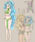  ayla_(chrono_trigger) blonde_hair blue_eyes blue_hair blush breasts butt_crack caveman chrono_trigger cleavage commentary_request cosplay high_ponytail long_hair magus medium_breasts midriff multiple_girls open_mouth ponytail s-a-murai schala_zeal simple_background smile translation_request 