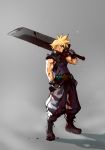  artist_name baggy_pants belt blonde_hair blood bloody_weapon blue_eyes boots buster_sword carrying_over_shoulder clenched_hand cloud_strife combat_boots commentary english_commentary final_fantasy final_fantasy_vii fingerless_gloves from_side full_body gloves grey_background highres huge_weapon male_focus manly muscle over_shoulder pants profile scar single_pauldron sleeveless sleeveless_turtleneck solo spiked_hair standing turtleneck typo_(requiemdusk) weapon weapon_over_shoulder 