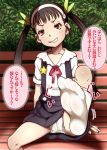  1girl bakemonogatari bench black_hair feet grin hachikuji_mayoi hairband leg_up long_hair looking_at_viewer monogatari_(series) panties pantyshot pov pov_feet red_eyes sitting smile socks soles translated twintails underwear white_legwear 