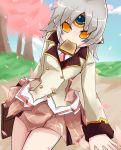  cherry_blossoms elsword eve_(elsword) facial_mark food food_in_mouth forehead_jewel morumoru00 mouth_hold school_uniform short_hair silver_hair skirt student toast toast_in_mouth uniform yellow_eyes 