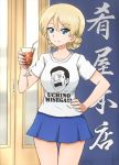  bangs banner blonde_hair blue_eyes blue_skirt braid casual closed_mouth clothes_writing commentary cowboy_shot darjeeling door drink drinking_straw eyebrows_visible_through_hair girls_und_panzer glass hand_on_hip holding looking_at_viewer miniskirt omachi_(slabco) pleated_skirt print_shirt shirt short_hair skirt smile solo standing t-shirt tied_hair translation_request twin_braids white_shirt 