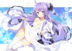  ahoge azur_lane black_ribbon blue_sky blush breasts cleavage cloud dress flower hair_ribbon kurot long_hair looking_at_viewer medium_breasts petals purple_eyes purple_hair ribbon sky solo stuffed_alicorn stuffed_animal stuffed_toy thighhighs unicorn_(azur_lane) white_dress white_legwear 