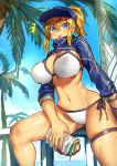  ahoge artoria_pendragon_(all) bikini blonde_hair blue_eyes blush breasts cleavage commentary_request cropped_jacket day fate/grand_order fate_(series) food food_on_face hair_through_headwear hat highres large_breasts melon22 mysterious_heroine_xx_(foreigner) navel open_mouth outdoors ponytail shrug_(clothing) side-tie_bikini solo surprised swimsuit twinmyniad white_bikini 