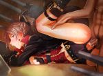  1girl anchor_symbol areolae ass azur_lane bangs belt bent_over blush boots breasts breasts_outside choker clothed_female_nude_male commentary_request cross-laced_clothes crotch_cutout cum cum_in_pussy earrings gloves gold_trim groin hair_between_eyes hetero highres jean_bart_(azur_lane) jewelry kirewisha knee_boots leg_hold leg_lift long_hair long_sleeves looking_at_viewer machinery medium_breasts muscle navel nipples nude open_mouth overflow penis ponytail pubic_hair pussy red_eyes rigging sex shiny shiny_skin short_shorts shorts single_thighhigh skull sweat thighhighs thighs uncensored vaginal 