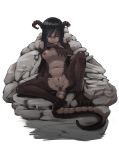  1girl anus bangs black_hair breasts broken_horn chiwino dark_skin dragon_girl dragon_tail horns licking long_hair long_tongue monster_girl naughty_face nipples nude original pussy red_eyes rock saliva scales sitting solo spread_legs tail third-party_edit tongue tongue_out uncensored 