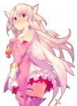  1girl ascot ass bangs bare_shoulders blush boots breasts cape closed_mouth dress earrings elbow_gloves fate/kaleid_liner_prisma_illya fate_(series) feathers gloves hair_between_eyes hair_feathers illyasviel_von_einzbern jewelry leg_garter long_hair looking_at_viewer magical_girl mckeee pink_dress pink_gloves pink_legwear prisma_illya red_eyes simple_background skirt small_breasts solo thigh_boots thighhighs thighs two_side_up white_background white_gloves white_hair white_skirt yellow_neckwear 