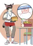  2018 anthro calendar cereal clothed clothing digital_media_(artwork) dipstick_tail english_text feline food fruit fully_clothed hair headband inside lynx male mammal mangolynx multicolored_tail shirt shorts slightly_chubby solo standing tank_top text track_shorts year 