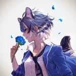  animal_ear_fluff animal_ears backlighting bangs blue_flower blue_hair blue_jacket blue_neckwear blue_rose commentary_request dress_shirt extra_ears flower from_side highres holding holding_flower jacket kemono_friends maltese_tiger_(kemono_friends) multicolored_hair necktie nose open_clothes open_jacket petals profile realistic rose shirt short_hair smelling smile solo tail tail_raised takami_masahiro tiger_ears tiger_girl tiger_tail upper_body white_hair white_shirt yellow_eyes 