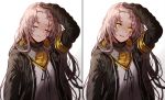  :d armband bangs black_jacket blood brown_hair bruise bruise_on_face closed_eyes closed_mouth commentary damaged english_commentary expressionless facing_viewer fingerless_gloves girls_frontline gloves hair_ornament hand_on_own_head hood hood_down hooded_jacket injury jacket long_hair looking_at_viewer multiple_views neck_ribbon one_side_up open_clothes open_jacket open_mouth ribbon scar scar_across_eye scarf shirt sidelocks silence_girl simple_background smile torn_clothes ump45_(girls_frontline) upper_body white_background white_ribbon white_shirt yellow_eyes 
