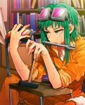  alternate_costume bookshelf goggles goggles_on_head green_eyes green_hair gumi hammer haru_(oomr005) highres jumpsuit messy_hair overalls short_hair short_hair_with_long_locks sidelocks solo sweat vocaloid wrench 