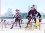  black_legwear blurry breasts brown_eyes brown_hair commentary crossover depth_of_field essex_(zhan_jian_shao_nyu) gangnam_style gangut_(kantai_collection) grey_hair hands_on_hips hat height_difference highres kantai_collection large_breasts long_sleeves melisaongmiqin multiple_girls pantyhose parody peaked_cap psy pun small_breasts sunglasses two_side_up zhan_jian_shao_nyu 