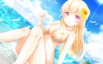  artist_name bang_dream! bangs bare_shoulders bikini blonde_hair blush bracelet breasts cleavage collarbone commentary_request dated day eyebrows_visible_through_hair floral_print flower hair_flower hair_ornament halterneck highres holding jewelry knees_up long_hair looking_at_viewer masa_(mirage77) medium_breasts ocean outdoors parted_lips pendant purple_eyes shirasagi_chisato sitting smile solo sparkle swimsuit water wet yellow_flower 