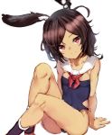  animal_ears azur_lane bare_shoulders breasts brown_eyes brown_hair bunny_ears commentary_request covered_navel dark_skin detached_collar i-26_(azur_lane) knees_up legs looking_at_viewer morikawa_(futomayu) one-piece_swimsuit sailor_collar short_hair simple_background sitting sketch small_breasts smile solo strapless strapless_swimsuit swimsuit white_background 