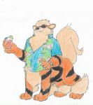  arcanine beverage eyewear joshua_thompson male nintendo pok&eacute;mon pok&eacute;mon_(species) silent_e simple_background solo sunglasses taur video_games 