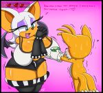  2018 anthro bat big_breasts blue_eyes blush breasts canine chaos_emerald clothed clothing conditional_dnp dialogue digital_media_(artwork) digitaldomain123 duo english_text eyelashes eyeshadow female fox gloves hair hi_res huge_breasts lipstick makeup male mammal miles_prower multi_tail open_mouth patreon rouge_the_bat sonic_(series) sweat text thick_thighs url video_games white_hair wings young 