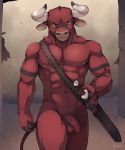  abs anthro armband_tattoo balls blush bovine cattle fur half-erect hi_res hooved_fingers horn looking_at_viewer male mammal melee_weapon muscular muscular_male navel nipples nude outside penis red_eyes scabbard solo standing sword tattoo uncut unrealplace weapon 