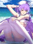  :q arm_up ass bare_shoulders beach bikini blue_sky blush breasts commentary_request day don_(rg06268) hat highres large_breasts licking_lips long_hair looking_at_viewer macross macross_delta mikumo_guynemer multicolored_hair navel ocean outdoors purple_hair red_eyes sailor_bikini sailor_collar sailor_hat shiny shiny_hair shiny_skin sitting sky solo swimsuit thighhighs tongue tongue_out underboob water white_bikini white_hat white_legwear 