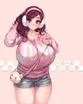  1girl artist_name bear beryl_(junkpuyo) blush breasts brown_eyes brown_hair collarbone commentary earmuffs highres hips huge_breasts junkpuyo light_smile looking_at_viewer original pink_background shorts simple_background smile solo sweater thick_thighs thighs 