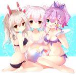  ;d animal_ears ass ayanami_(azur_lane) azur_lane ball bangs bare_arms bare_legs bare_shoulders barefoot beachball bendy_straw bikini black_bikini blush breasts bunny_ears butt_crack cleavage closed_mouth collarbone commentary_request cup drink drinking_glass drinking_straw eyebrows_visible_through_hair front-tie_bikini front-tie_top fuuna_thise green_eyes hair_between_eyes hair_ribbon headgear holding holding_tray javelin_(azur_lane) laffey_(azur_lane) light_brown_hair long_hair looking_at_viewer looking_to_the_side medium_breasts multiple_girls navel one_eye_closed open_mouth pink_bikini plaid plaid_bikini plaid_ribbon ponytail purple_bikini purple_hair purple_ribbon red_eyes ribbon side-tie_bikini silver_hair sitting small_breasts smile swimsuit transparent tray twintails very_long_hair wariza 