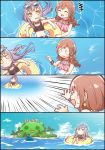  0_0 2girls 4koma ^_^ afloat alternate_hairstyle bang_dream! bangs bare_shoulders bikini black_bikini black_choker bracelet brown_hair cheek_poking choker closed_eyes comic commentary_request day earrings emphasis_lines eyewear_on_head highres imai_lisa innertube island jewelry jitome kyou_(user_gpks5753) lavender_hair long_hair midriff minato_yukina multiple_girls navel ocean outdoors outstretched_hand palm_tree poking ponytail shark_fin silent_comic sunglasses sweatdrop swimming swimsuit tree trembling wavy_mouth yellow_eyes 