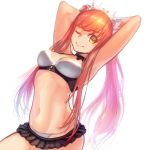  armpits arms_behind_head bare_shoulders bikini breasts cleavage closed_mouth cowboy_shot dutch_angle fate/grand_order fate_(series) garutaisa long_hair looking_at_viewer medb_(fate)_(all) medb_(swimsuit_saber)_(fate) medium_breasts one_eye_closed pink_hair simple_background smile solo swimsuit tiara twintails white_background white_bikini yellow_eyes 
