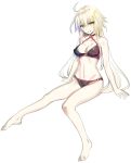  :d ahoge bangs bare_arms bare_legs bare_shoulders barefoot bikini black_bikini black_choker breasts brown_eyes choker cleavage collarbone commentary_request eyebrows_visible_through_hair fate/grand_order fate_(series) groin hair_between_eyes head_tilt highres jeanne_d'arc_(alter_swimsuit_berserker) jeanne_d'arc_(fate)_(all) large_breasts long_hair looking_at_viewer navel o-ring o-ring_bikini o-ring_bottom o-ring_top open_mouth silver_hair simple_background smile solo swimsuit very_long_hair white_background youta 
