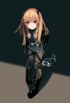  :3 absurdres arms_behind_back blonde_hair brown_eyes brown_legwear commentary_request dark doodle full_body girls_frontline hair_ornament hairclip hara_shoutarou highres jacket knee_pads leaning_forward long_hair looking_at_viewer pantyhose pleated_skirt scar scar_across_eye skirt solo standing two_side_up ump9_(girls_frontline) 