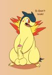  2018 balls blush caught covering covering_self dabelette dialogue digital_media_(artwork) embarrassed fire male mammal nintendo open_mouth penis pok&eacute;mon pok&eacute;mon_(species) shy simple_background solo standing text typhlosion video_games 