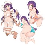  1girl adjusting_hair ass bikini bikini_under_clothes blue_bikini blush breasts front-tie_bikini front-tie_top green_eyes groin hand_on_headwear hat highres hips kneeling kurokawa_makoto lace lace-trimmed_bikini large_breasts long_hair love_live! multiple_views navel purple_hair side-tie_bikini sideboob smile solo striped striped_legwear swimsuit swimsuit_under_clothes thighhighs thighs toujou_nozomi underboob white_background white_bikini 