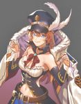  bangs belt black_choker blue_eyes braid breasts brown_hair choker cleavage closed_mouth detached_collar detached_sleeves dress granblue_fantasy grey_background hair_between_eyes hands_up hat hat_feather kanapy large_breasts lecia_(granblue_fantasy) long_hair long_sleeves looking_at_viewer navel neck_ribbon peaked_cap red_neckwear red_ribbon ribbon simple_background smile solo upper_body 