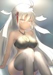  absurdres ahoge arm_support bangs bare_arms bare_shoulders black_bikini_top black_legwear bottomless breasts cleavage closed_mouth collarbone commentary_request covered_nipples criss-cross_halter dark_skin eyebrows_visible_through_hair eyes_visible_through_hair fate/grand_order fate_(series) flower_knot hair_between_eyes hair_ornament halter_top halterneck highres large_breasts long_hair looking_at_viewer okita_souji_(alter)_(fate) okita_souji_(fate)_(all) pout silver_eyes silver_hair sitting solo tassel thighhighs tsurime v-shaped_eyebrows very_long_hair you_dong 