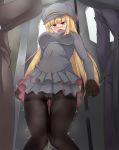  1girl bangs black_gloves black_legwear blonde_hair blunt_bangs blush breasts cabbie_hat cameltoe covered_navel crying dress embarrassed eyebrows_visible_through_hair frilled_dress frills from_below gloves gluteal_fold grey_dress grey_hat hat have_to_pee highres indoors jpeg_artifacts knees_together_feet_apart large_breasts long_hair long_sleeves looking_up nose_blush open_mouth original panties panties_under_pantyhose pantyhose peeing peeing_self red_eyes rolling_eyes saliva short_dress solo_focus standing steam sweat tears thigh_gap thighband_pantyhose train_interior trembling umagoya_mochi underwear upskirt wet wet_clothes 