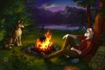  2018 5_fingers anthro bear black_nose blue_eyes brown_fur canine clothed clothing detailed_background digital_media_(artwork) dragonfu female feral fire fur grass male mammal night outside sitting sky star starry_sky tree wolf 